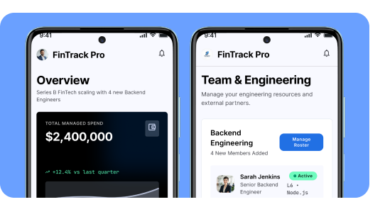 FinTrack Pro app screens: Overview showing $2,400,000 total managed spend, and Team & Engineering roster