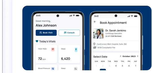Healthcare app screens: Today's Vitals dashboard for Alex Johnson, and Book Appointment with Dr. Sarah Jenkins